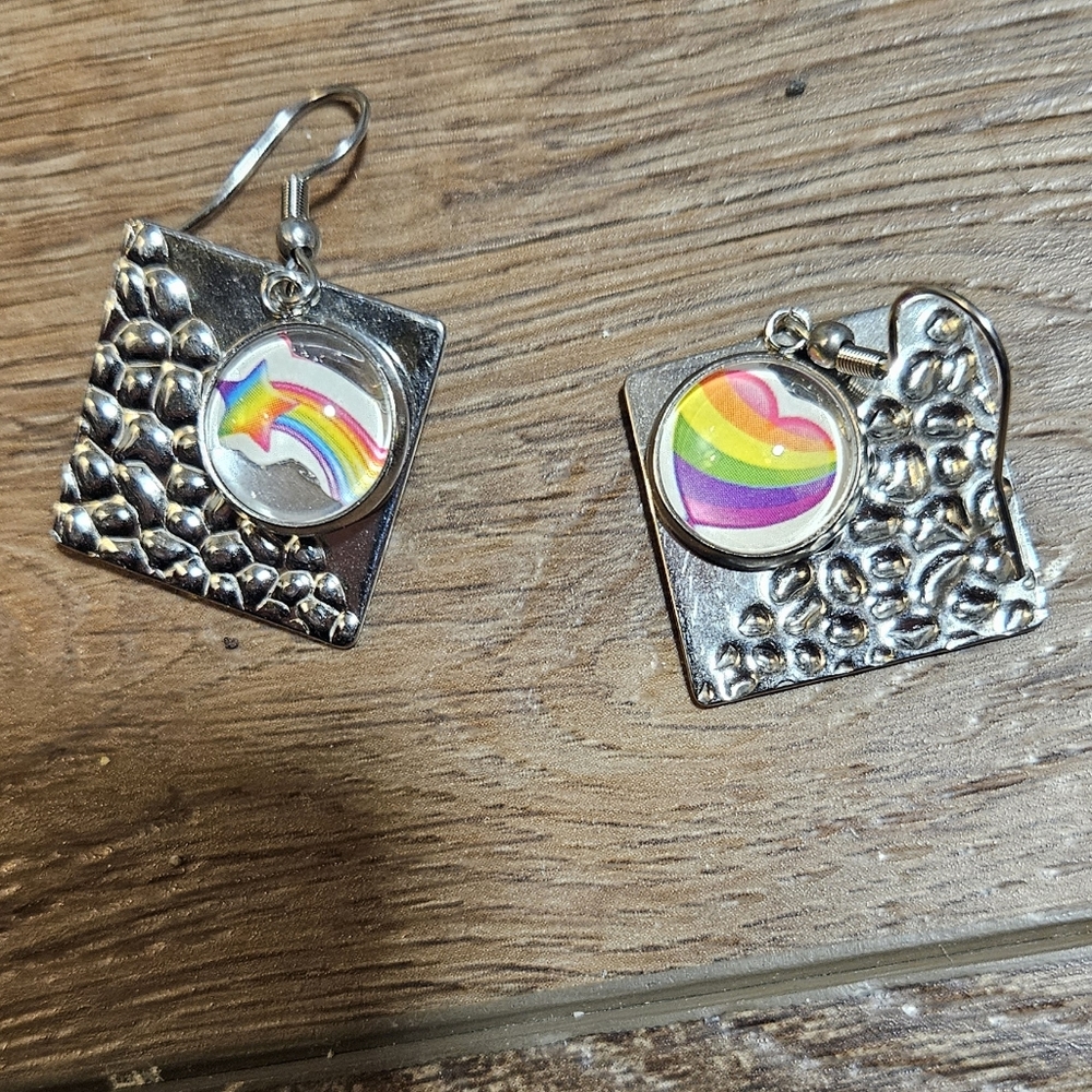 Lisa Frank Silver Earrings with Rainbow Design